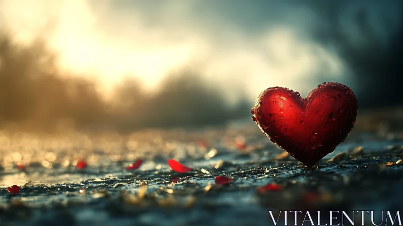 Crimson Heart Glistens Against Soft Golden Sunrise.