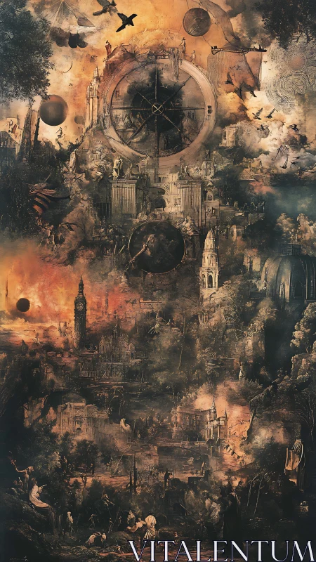 Layered dystopian cityscape with celestial and mythic motifs.