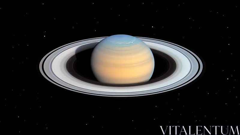 Ringed gas giant Saturn with extensive ring system in space.