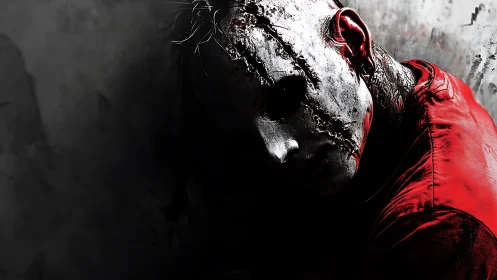 Masked figure in stitched white face paint against dark wall.