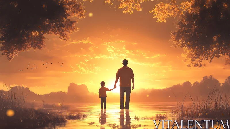 Silhouetted adult and child standing in shallow lake at sunset.