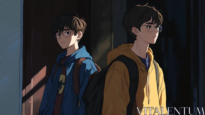 Pensive students in hoodies under late evening shadows.