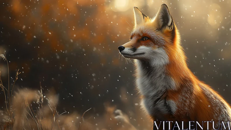 Red fox in soft snowfall with warm backlight in field.