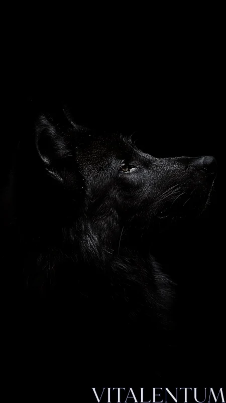 Black wolf profile portrait in dramatic low key lighting.