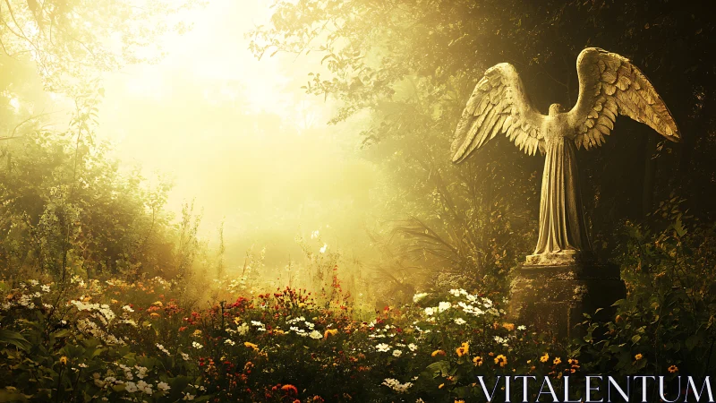 Sunlit garden with quiet stone angel watching over blooms.