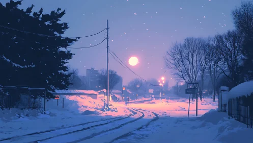 Snow covered street glows under dusk sky and bright moon