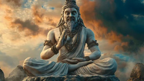 Stone yogic deity statue seated before dramatic clouds.