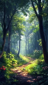 Forest pathway through tall trees with dappled sunlight filtering through canopy