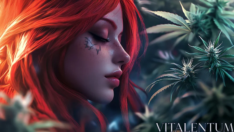 Red haired woman in profile beside detailed cannabis plants.