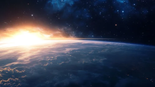 Low Earth orbit sunrise over illuminated cloud layers.