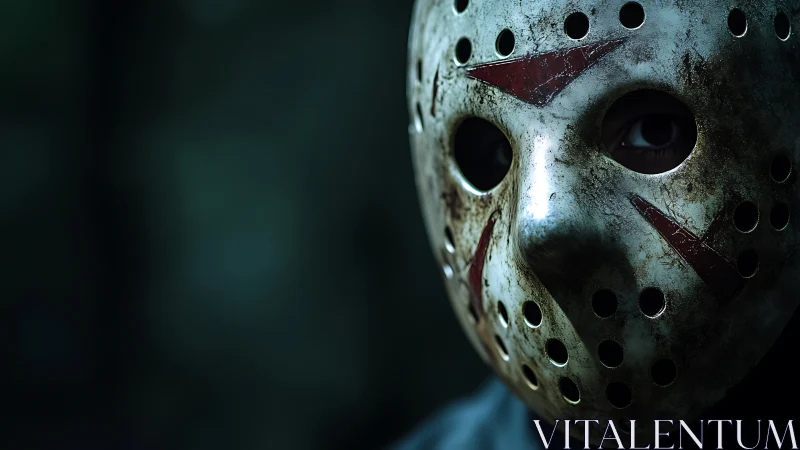 Weathered hockey mask close-up under moody low light.