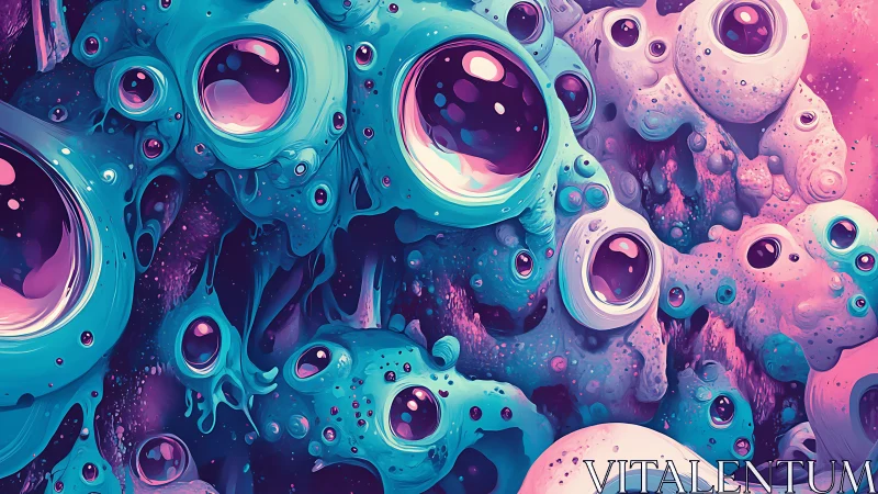 Bioluminescent alien orbs cluster within viscous pastel caverns