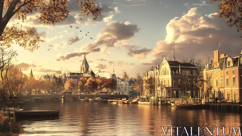 Digital painting of autumn canal cityscape at golden hour.