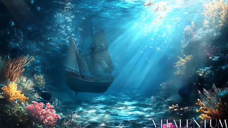 Sunken wooden ship resting among illuminated coral reef.