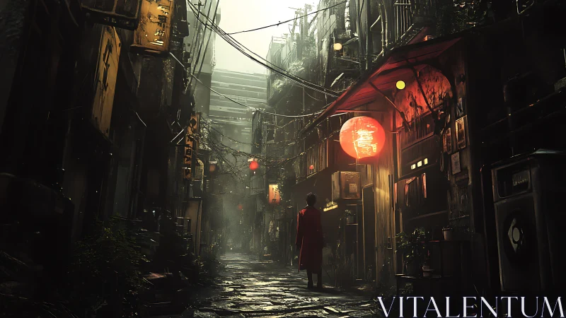 Urban alleyway with neon lanterns and solitary figure at dusk.
