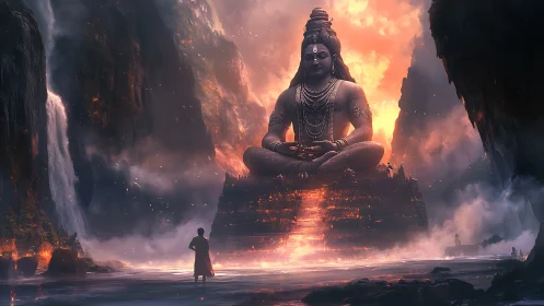 Colossal meditative deity above volcanic-tiered temple cascade.