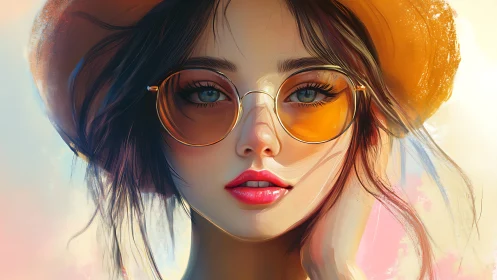 Digital portrait shows young woman in hat and tinted glasses