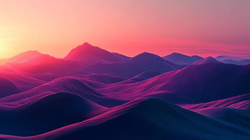Neon-lit mountain ridges glow under vivid digital sunset sky