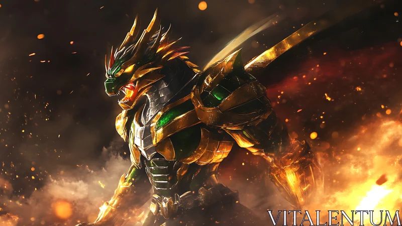 Armored dragon warrior emerging from blazing battlefield.