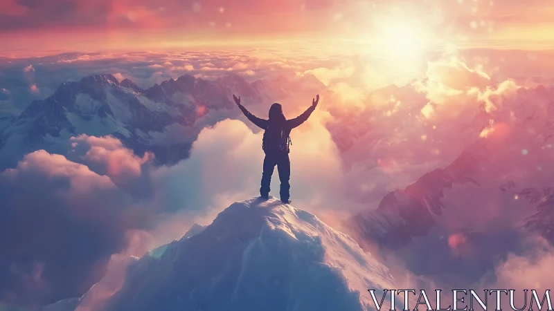 Alpinist silhouette on irradiated summit ridge at sunrise.