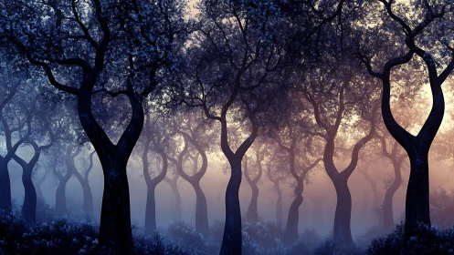 Dreamy misty forest glowing with soft twilight magic.