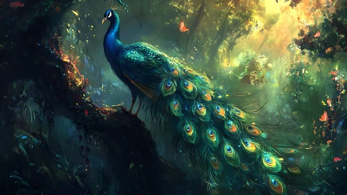 Majestic peacock in enchanted forest, digital fantasy art style.