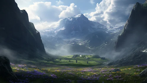 Digital painting alpine valley vista with receding perspective.