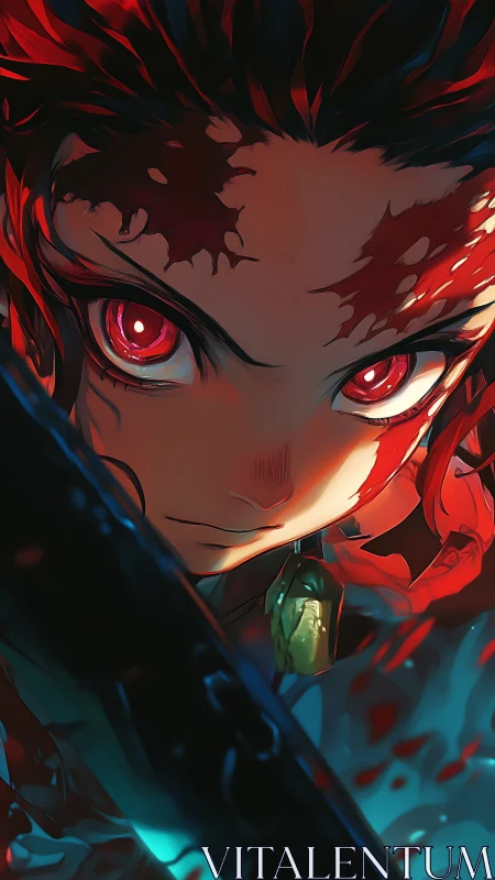 Close-up anime warrior with red eyes and sword focus.