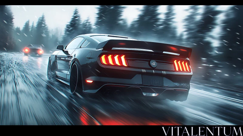 Rendered sports car travels on wet forest road in rain