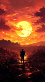 Lone wanderer walks a molten sunset road toward tomorrow.