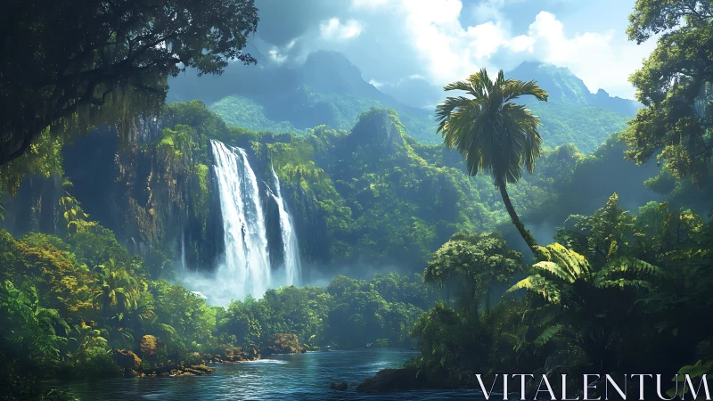 Emerald canyon falls pour into a mist-veiled jungle lagoon.