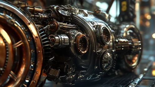 Futuristic metallic engine core with complex tubing detail.
