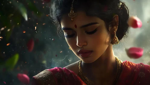 Elegant Indian Woman in Traditional Attire, Dreamlike Portrait Style.