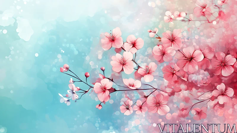 Cherry blossom branch floating in turquoise and pink haze