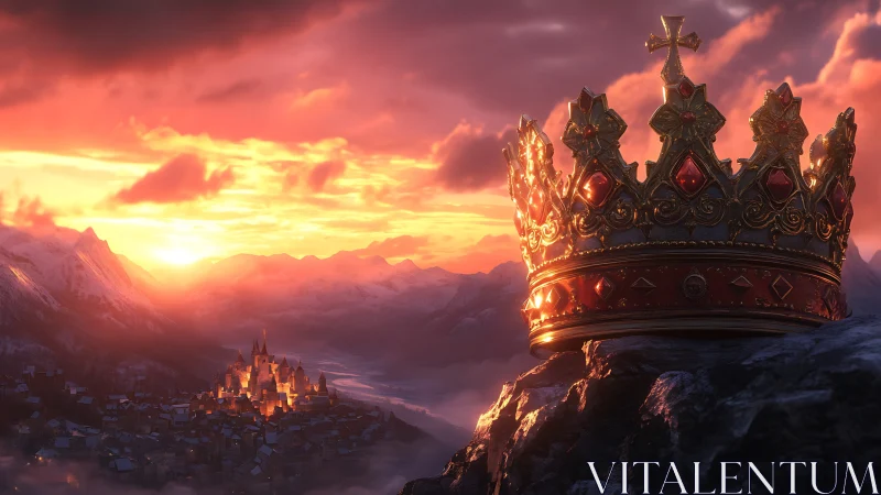 Regal jeweled crown above mountain town at sunset.