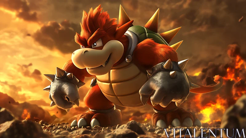 Fiery spiked titan strides through a blazing cartoon badland.