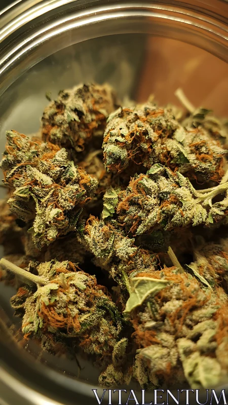 Close-up view highlights frosty dried cannabis buds in jar.