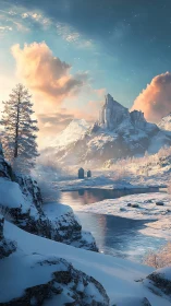 Snowy river valley below distant icy mountain fortress.