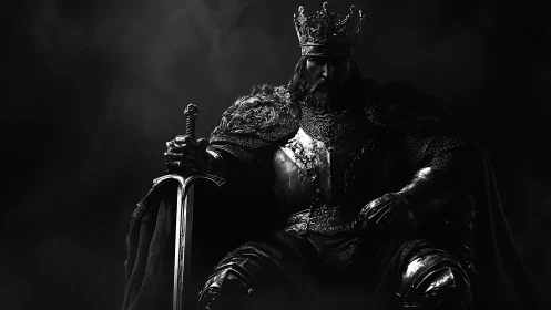 Armored monarch seated on throne holding vertical sword.