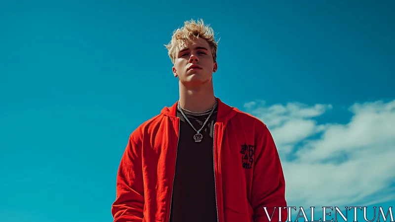 Young man in red jacket under vivid blue sky portrait.