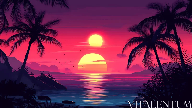 Tropical beach sunset with dual suns over calm ocean.