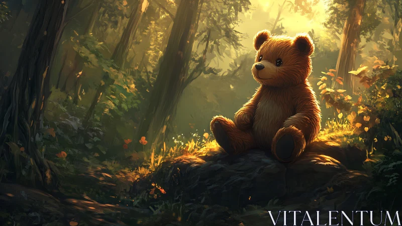 Gentle teddy bear rests in sunlit enchanted forest glade.