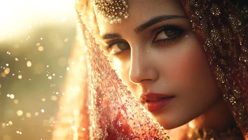 Photorealistic bridal portrait with jeweled veil and bokeh light.