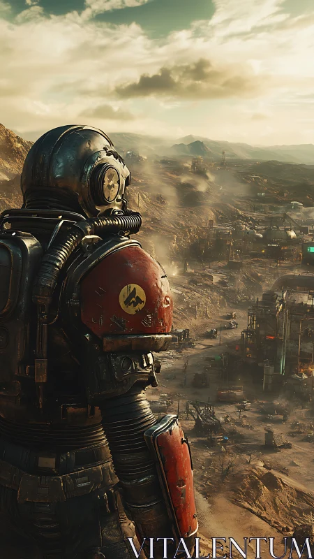 Lone space explorer gazing over a dusty frontier outpost.