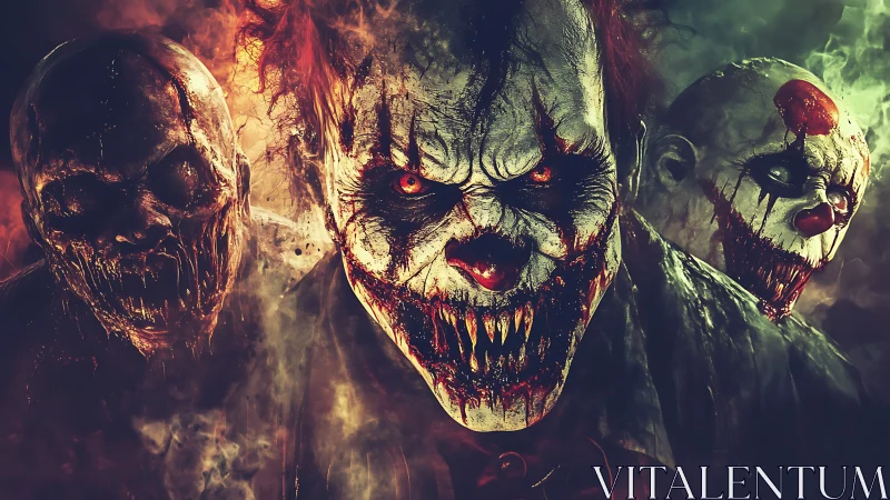 Digital horror triptych of demonic clowns in toxic haze.