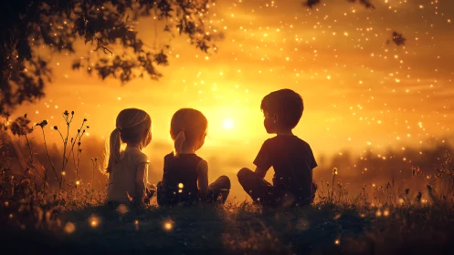 Three Children Silhouetted Against Golden Sunset Over Wildflower Field.