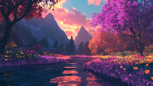 Hyperchromatic mountain valley river rendered in luminous fantasy