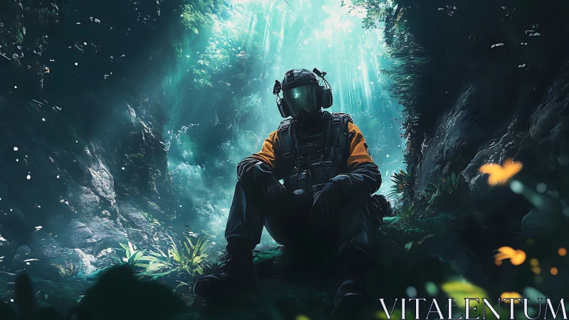Armored soldier seated in misty forest clearing environment.
