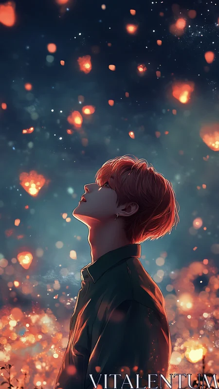 Soft stargazer in a lantern-lit dusk sky of embers.