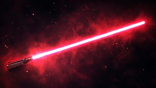 Red plasma energy sword with metallic hilt in dark nebula field